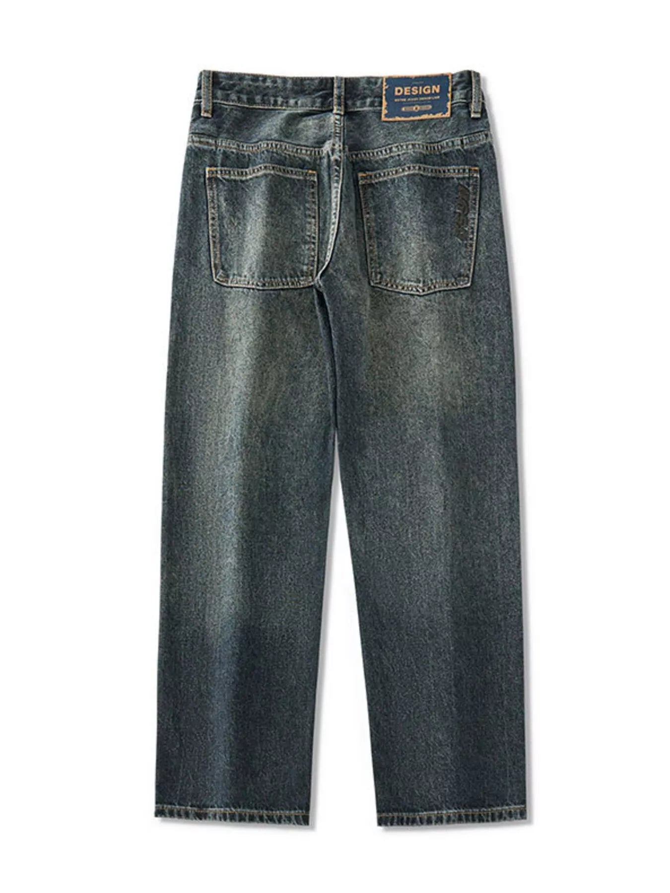 Relaxed fit vintage wide-leg jeans in blue denim with distressed wash and back pockets.