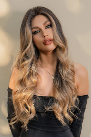 Ombre wave synthetic lace front wig in brown/caramel balayage, styled with loose curls.