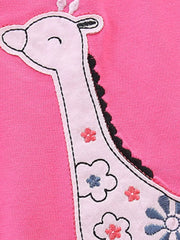 Pink cotton toddler bikini with giraffe applique and floral embroidery.