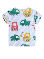 Light blue striped cotton t-shirt with a playful construction vehicle print for toddlers.