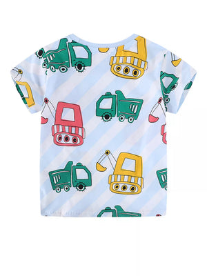 Light blue striped cotton t-shirt with a playful construction vehicle print for toddlers.