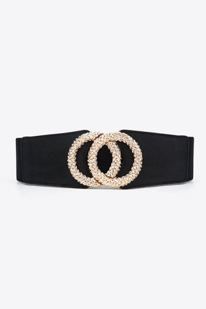 Black elasticated waist belt with textured gold double ring buckle.