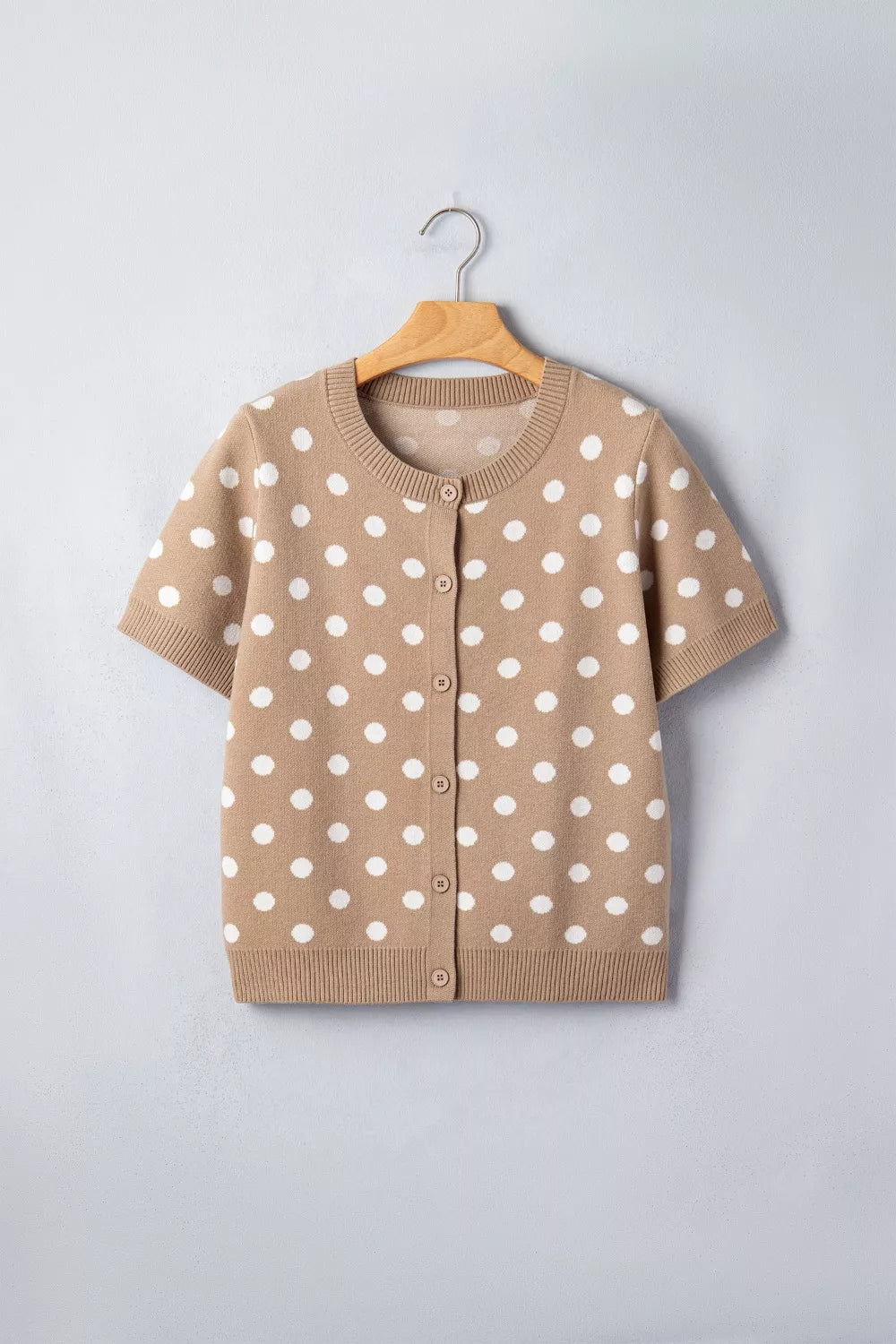 Camel polka dot short sleeve button-down cardigan with crew neck.