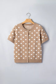 Camel polka dot short sleeve button-down cardigan with crew neck.
