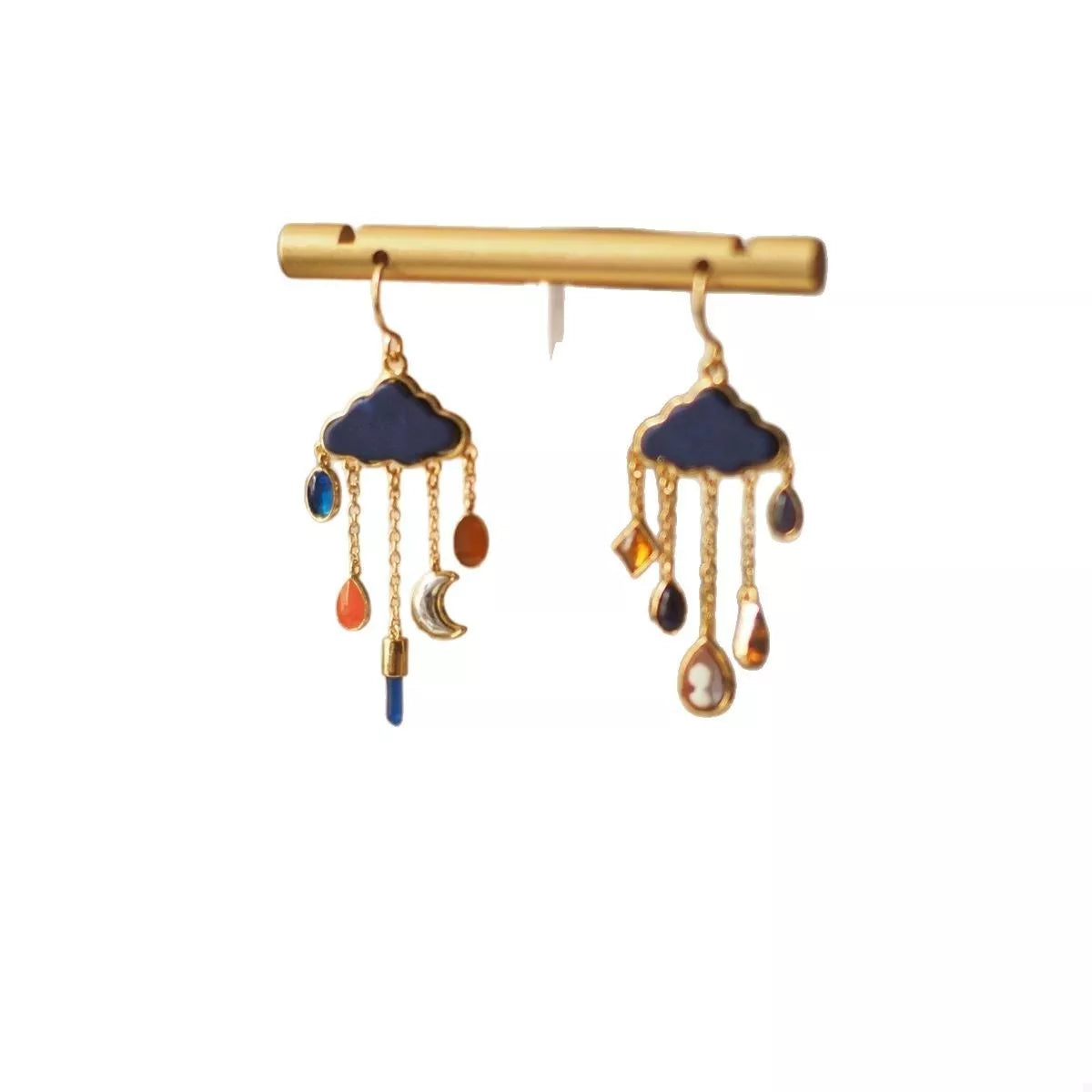 18K gold-plated dangle earrings with blue clouds and colorful charms, including moons and teardrop shapes.