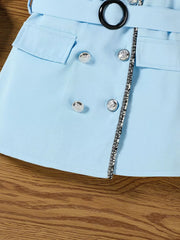 Sky blue toddler dress with double-breasted buttons, belted waist, and decorative trim.