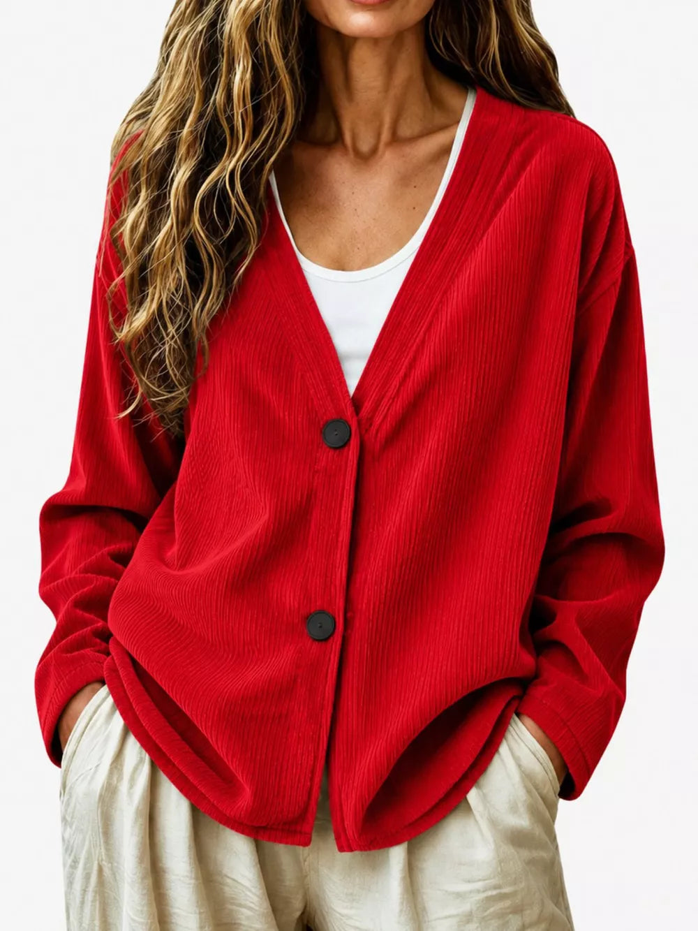 Casual Corduroy Button-up Cardigan in Terracotta, view 13