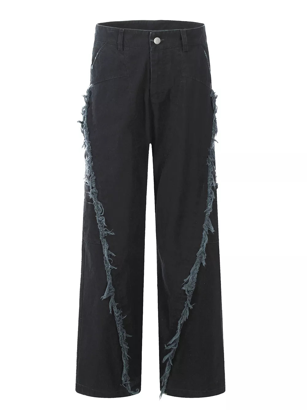 Black wide-leg sweatpants with distressed fringe detail on the sides