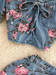 Denim cami and skirt set with pink floral print and lace-up detail