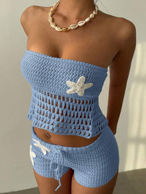 Blue crochet tube top and shorts set with white starfish appliques and drawstring shorts.