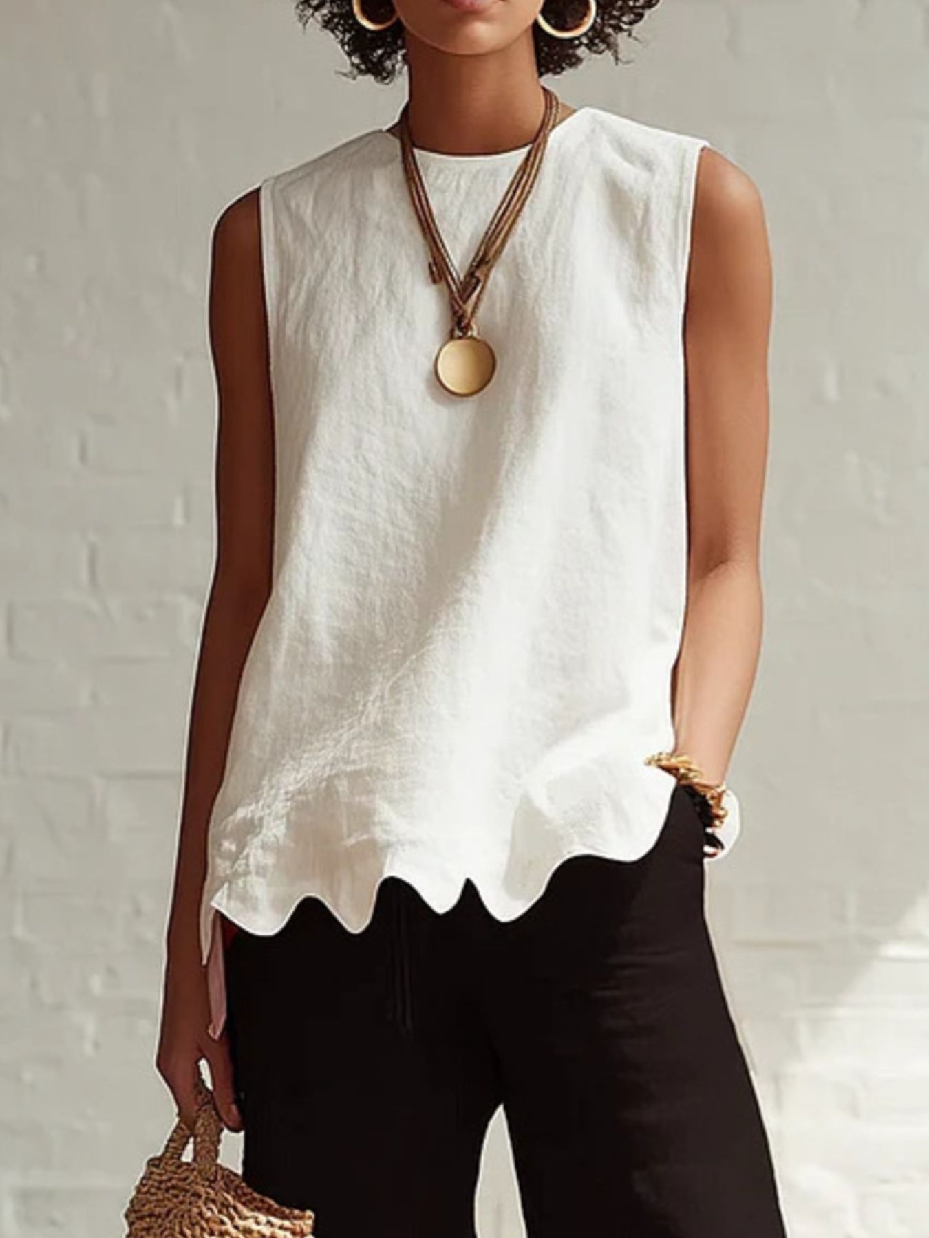White sleeveless tank top with scalloped hem detail