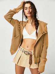 Camel waffle knit cropped hoodie with snap front and pockets.