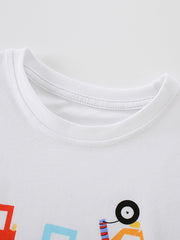White 100 cotton toddler tee with colorful cartoon construction vehicles.