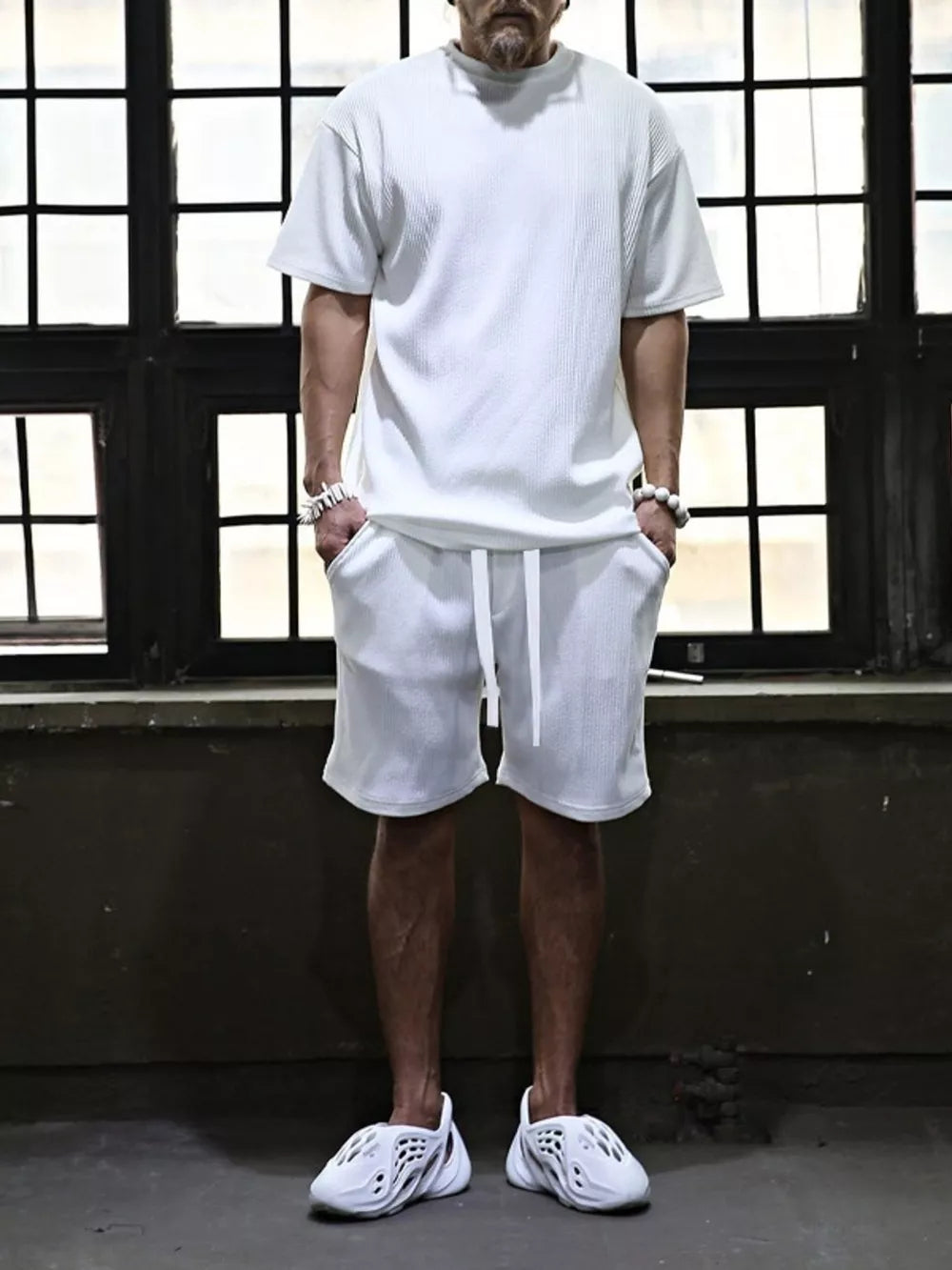 White men's casual shorts with drawstring and pockets
