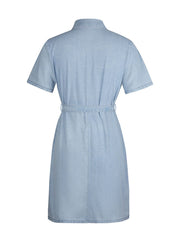 Light wash denim mini dress with short sleeves, collared neckline, and matching belt.