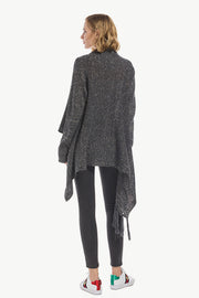 Dark gray asymmetric fringe knit cardigan with button closure and waterfall hem.