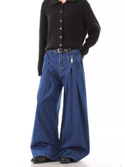 Men's dark blue 100% cotton wide leg jeans with deep pleats.