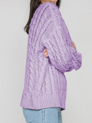 Lavender cable knit openwork sweater with detailed knit pattern and crew neck.
