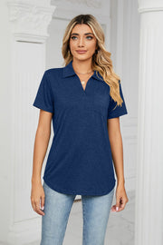Navy V-neck polo shirt with short sleeves and a chest pocket.