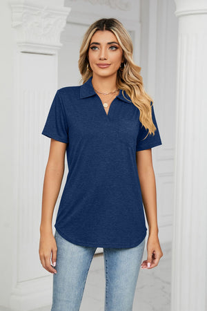 Navy V-neck polo shirt with short sleeves and a chest pocket.