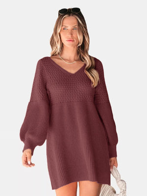 Burgundy acrylic knit mini dress with V-neck and balloon sleeves