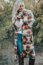 Southwestern print duster cardigan with stripe cuff, open front, long sleeve, multicolor