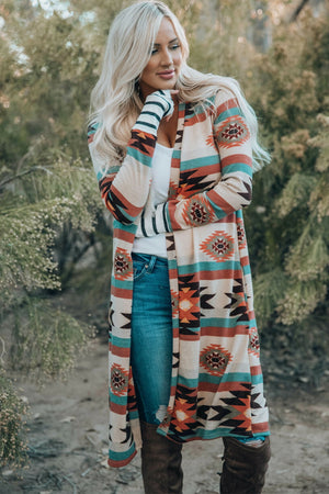 Southwestern print duster cardigan with stripe cuff, open front, long sleeve, multicolor