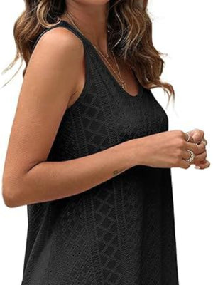 Black eyelet scoop neck tank top with diamond pattern detail