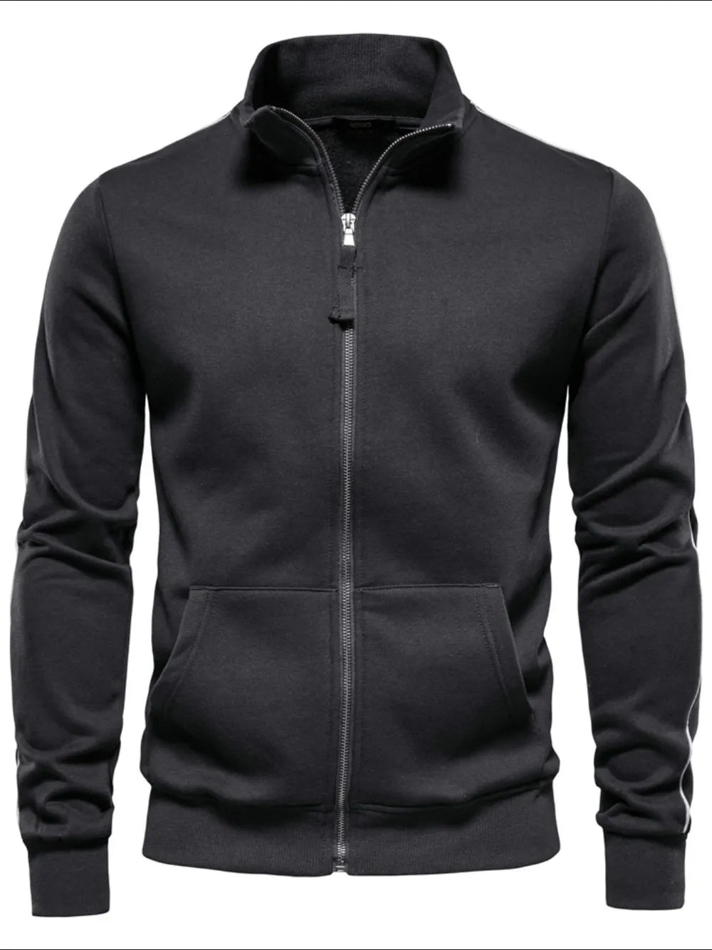 Dark gray track jacket with full zip, stand collar, and side stripe detail.