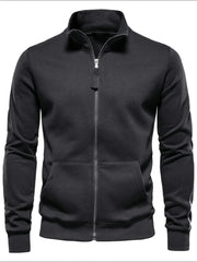 Dark gray track jacket with full zip, stand collar, and side stripe detail.
