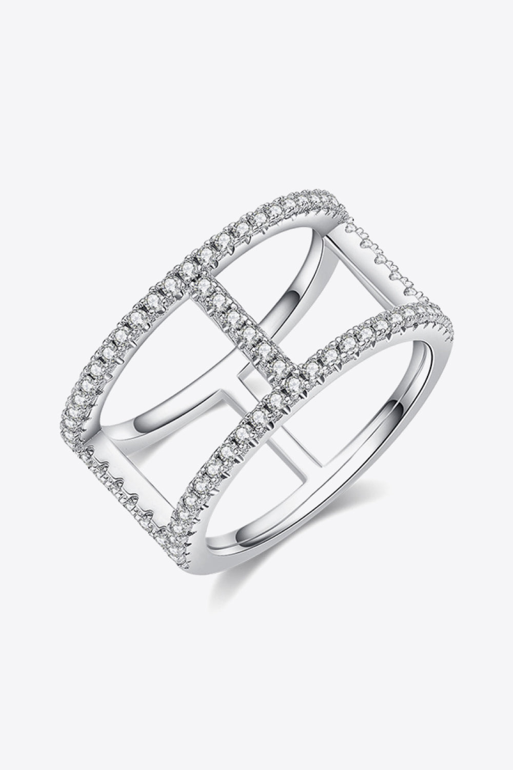 Silver geometric pave moissanite statement ring with crisscross design.