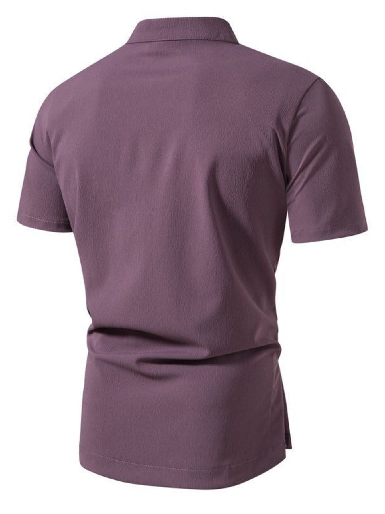 Men's mauve cotton band collar short sleeve shirt with button detail