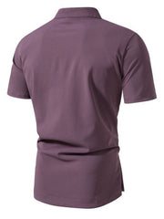 Men's mauve cotton band collar short sleeve shirt with button detail