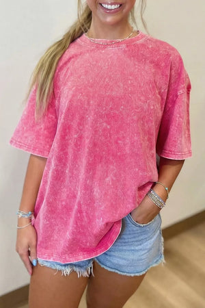 Solid Color Cotton Mineral Washed Oversize Tee in Mint Blue, close-up detail