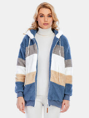 Teddy fleece zip-up hoodie with color block stripes in blue, tan, white, and grey.