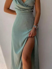 Sage draped V-neck maxi dress with side slit, polyester.