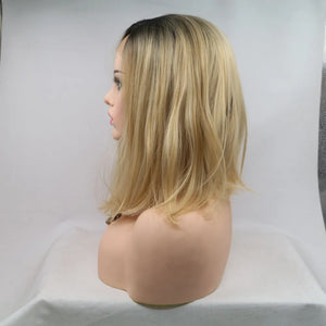 Ombre bob lace front wig in brown/khaki with blonde highlights and a natural side part.