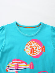 Turquoise cotton crew neck t-shirt with playful fish graphics for kids