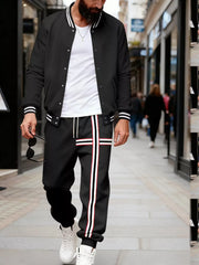 Men's black tracksuit with white and red stripe accents on pants and jacket sleeves.