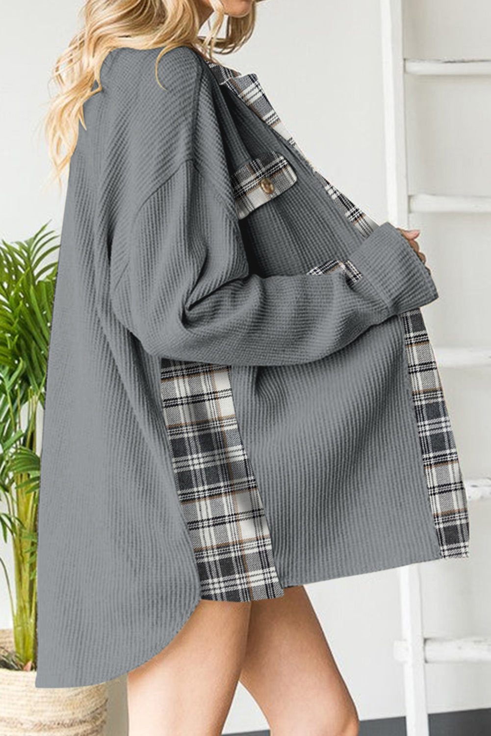 Light Gray waffle knit overshirt with plaid trim and button details.