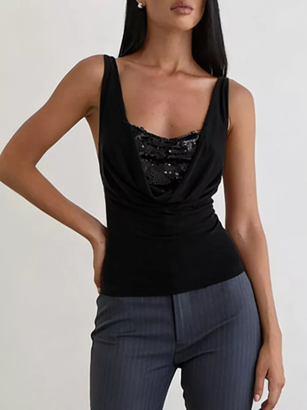 Black sequin ruched cowl neck tank top with a draped neckline.