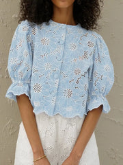 Charming Floral Embroidery Puff Sleeve Shirt