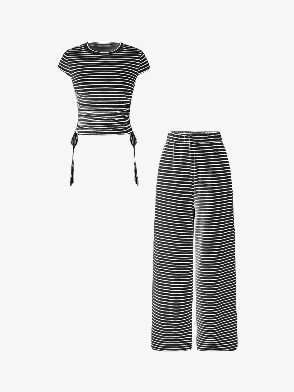 Black striped crop top with adjustable side ties and matching wide-leg pants.