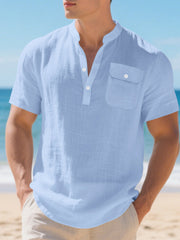 Light blue cotton band collar short sleeve shirt with chest pocket
