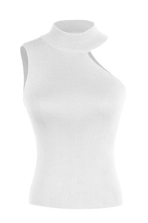 White ribbed knit tank top with asymmetric cut-out neckline and mock neck.