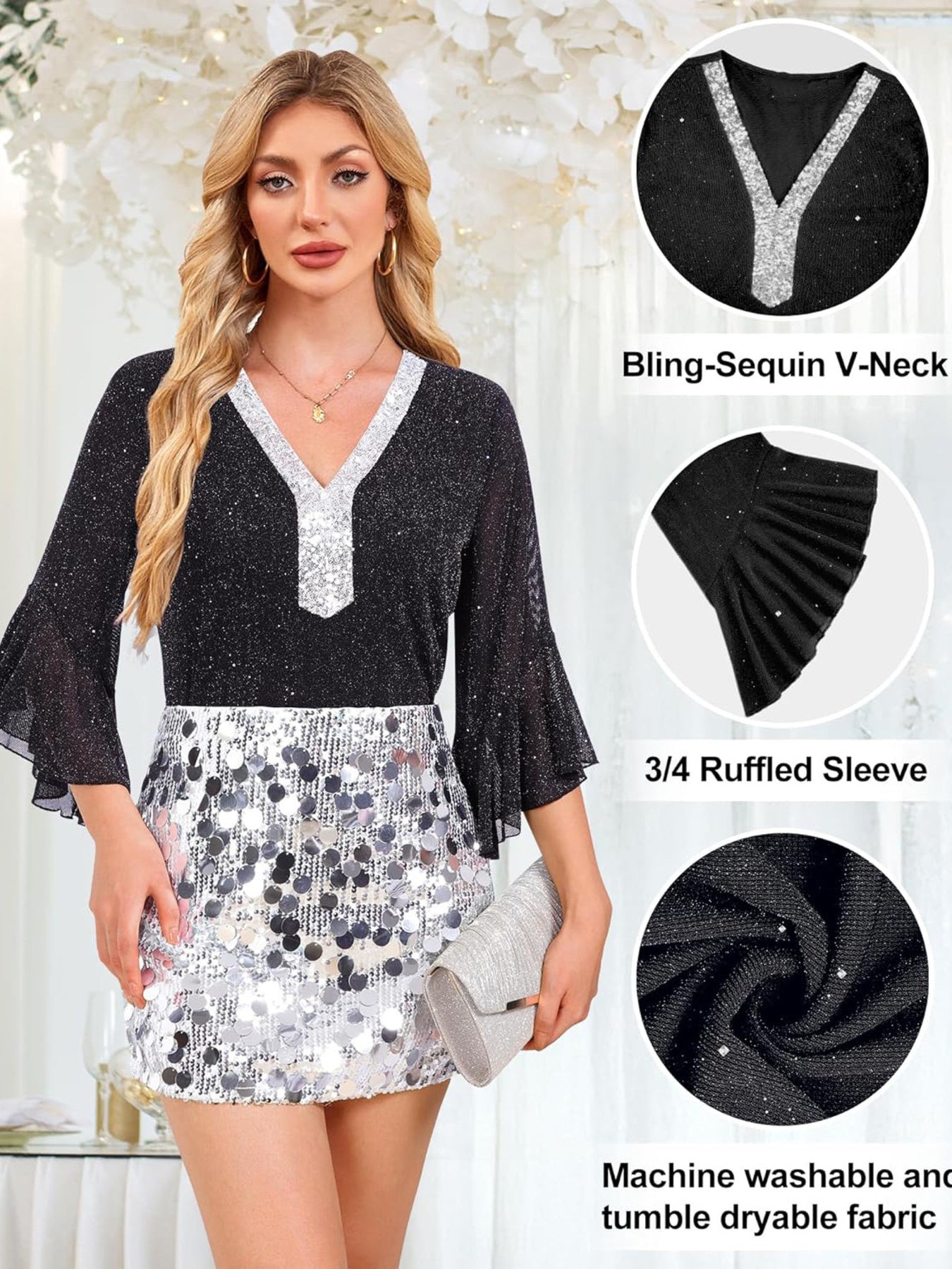 Black sequin V-neck blouse with silver trim and 3/4 ruffled sleeves.