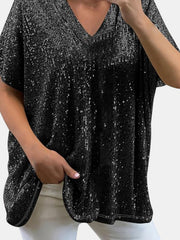 Black sequin V-neck blouse with a slouchy fit and short sleeves.