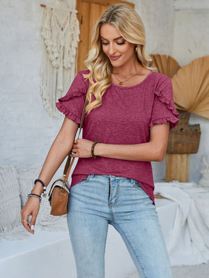 Flutter sleeve tee in deep purple with ruffled short sleeves and a scoop neck.