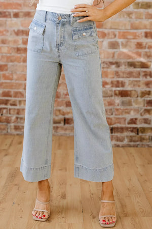Striped Wide-leg Cropped Jeans in Light Blue, front view