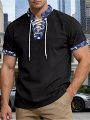 Black men's t-shirt with lace-up collar and paisley details on collar and sleeves.